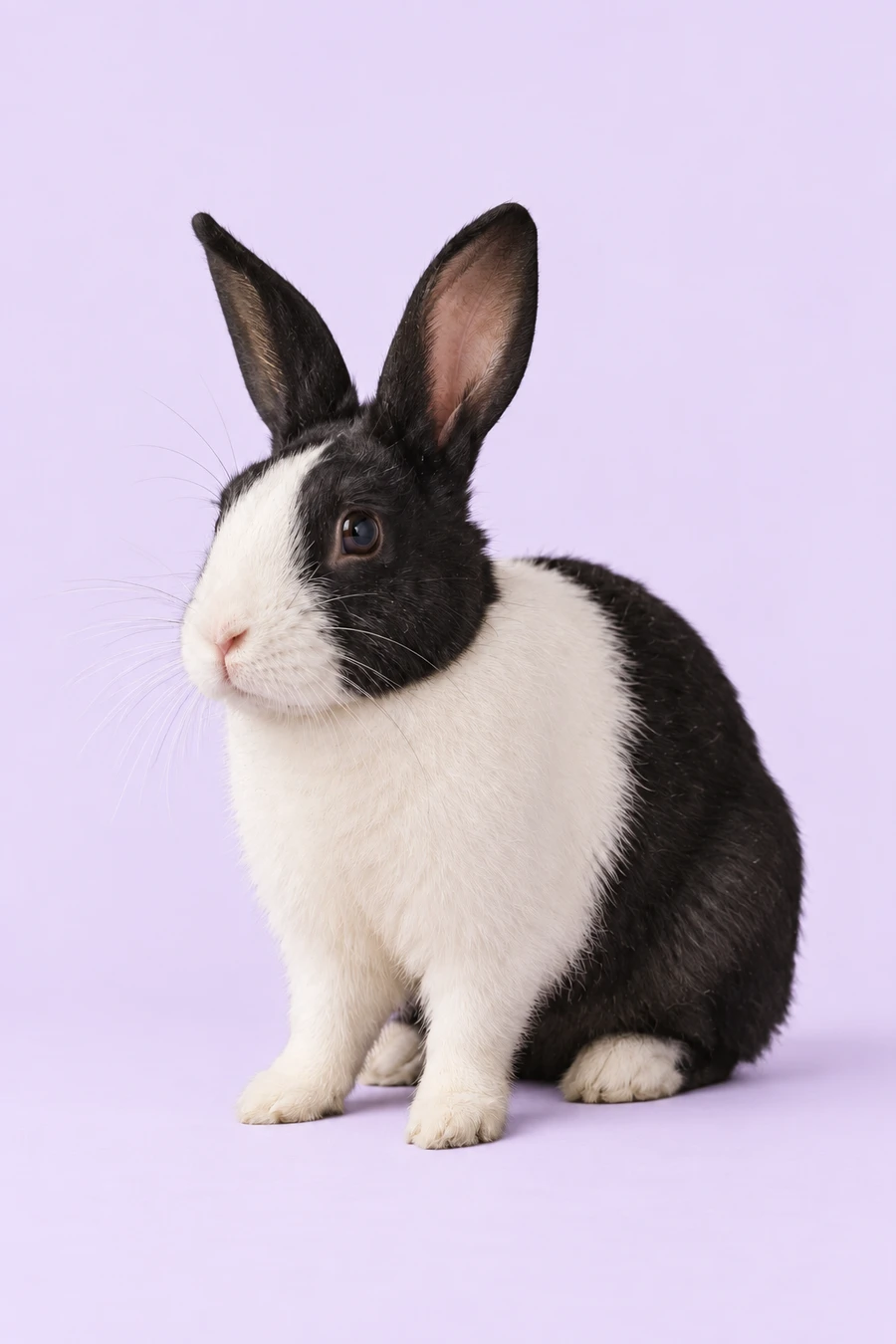 Photorealistic generated black and white rabbit with upright ears