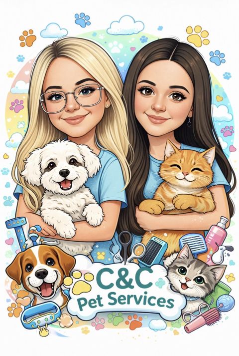 C&C's own cartoon of the two owners holding a dog and a cat